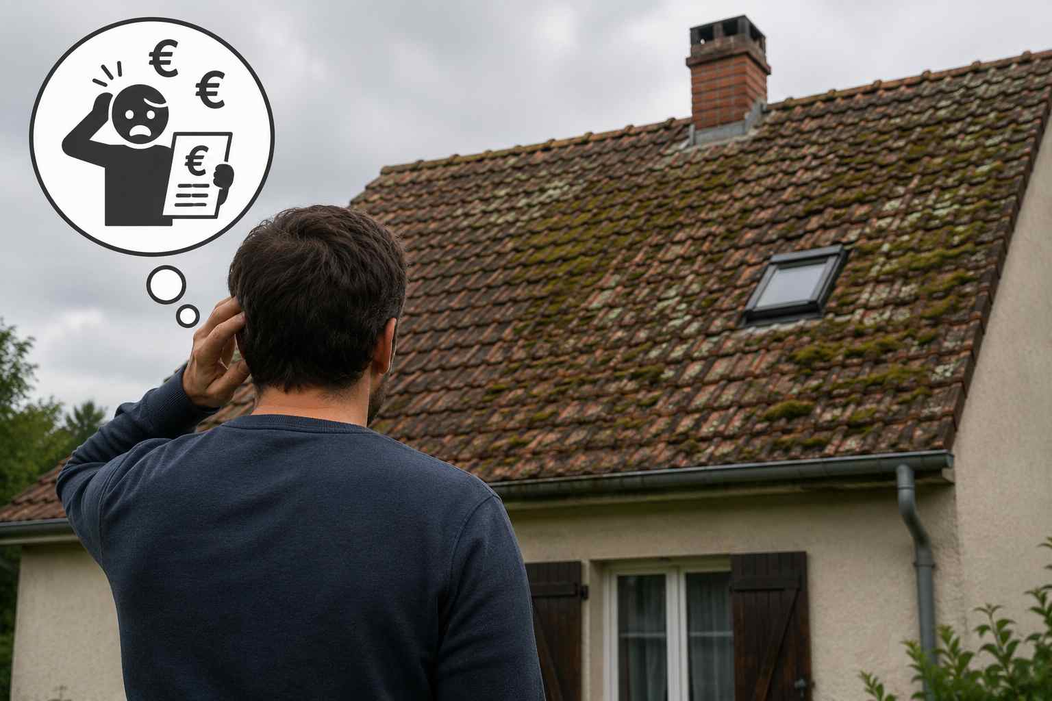 client regardant son toit en mauvaise état