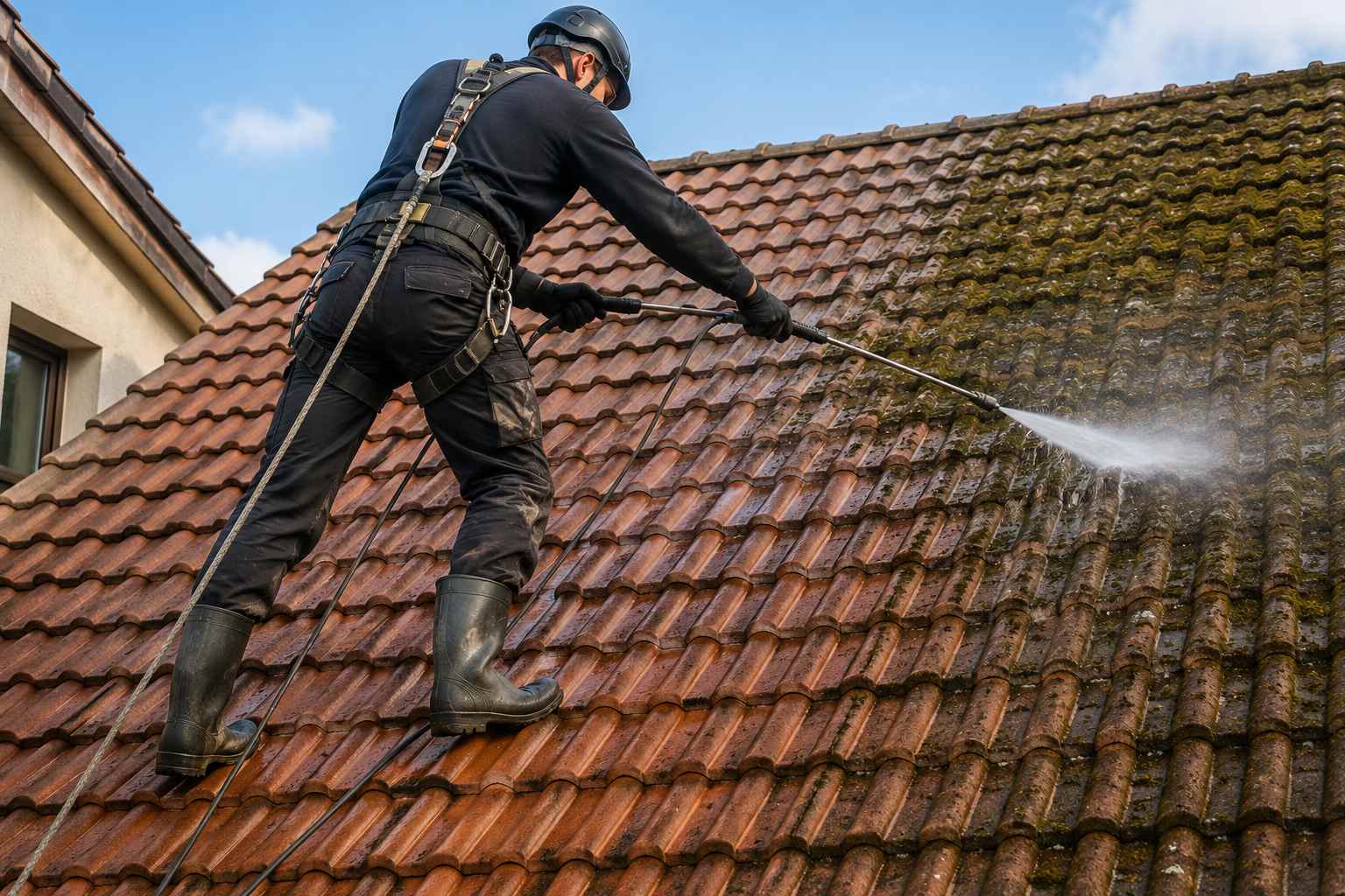 couvreur nettoyant une toiture rempli de mousse et lichens