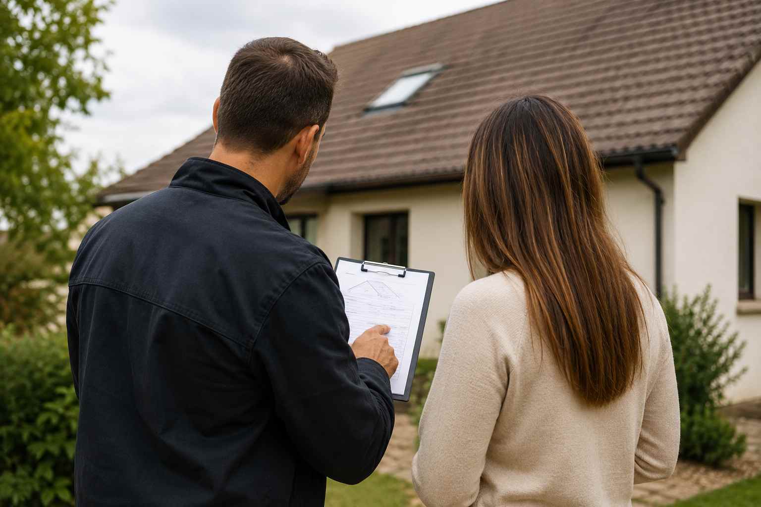 technicien conseillant une cliente au sujet de sa toiture