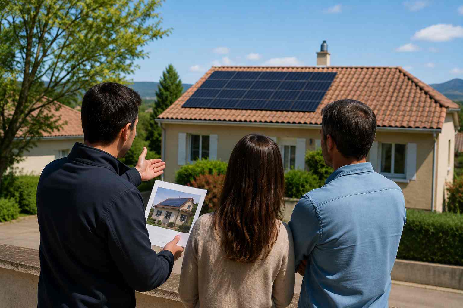couple conseiller par un technico commercial au sujet de la pose de panneaux solaire