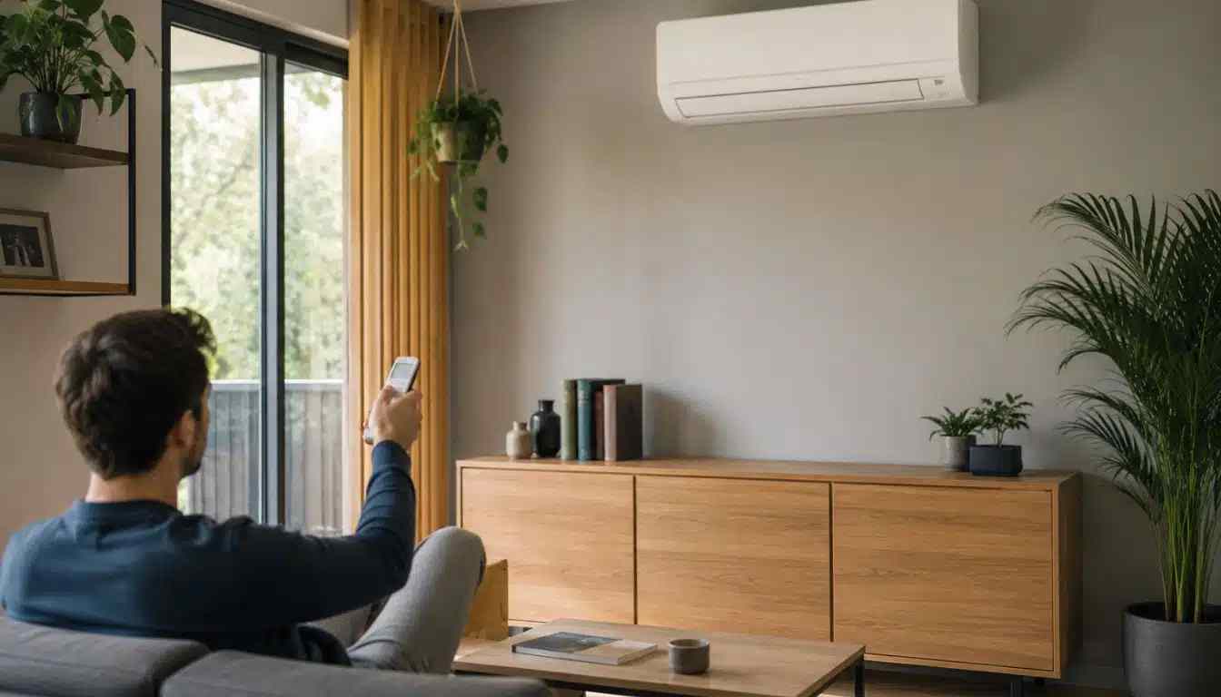 unité intérieure de climatisation réversible installée dans un salon moderne