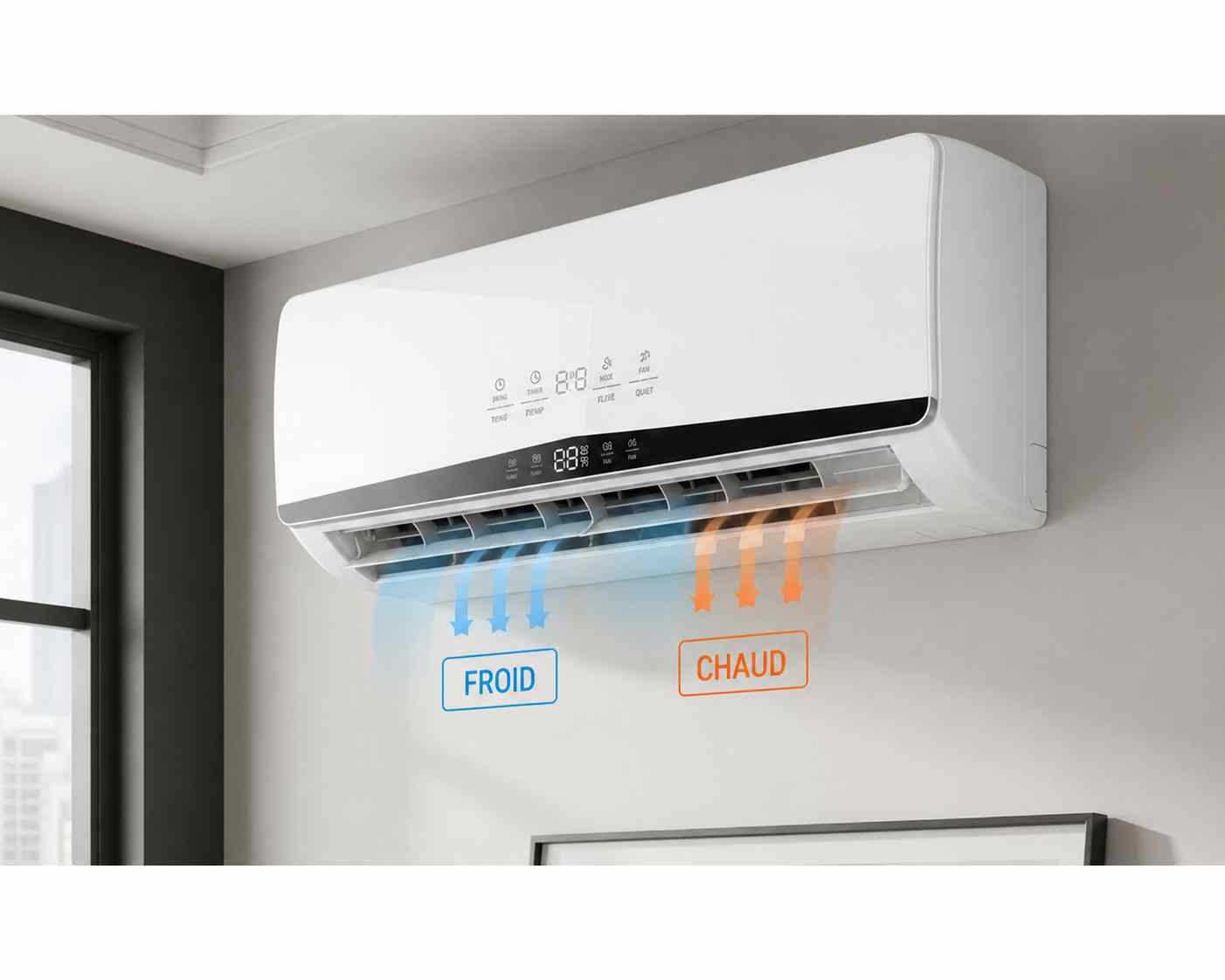 climatisation réversible adossé au mur du salon