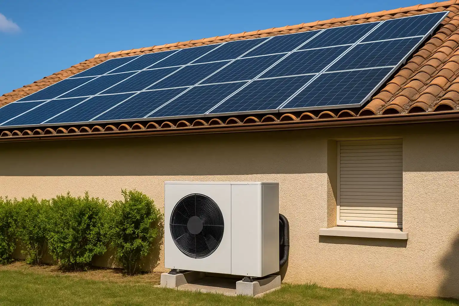 unité extérieure de pompe à chaleur installée contre une maison moderne alimenter par panneau solaire