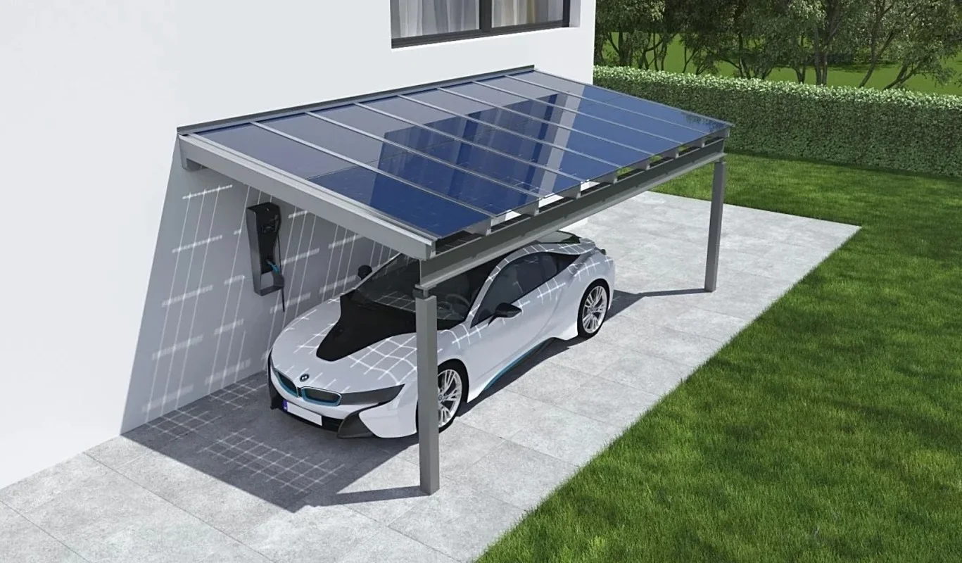 Carport solaire équipé d'une borne de recharge pour véhicule électrique