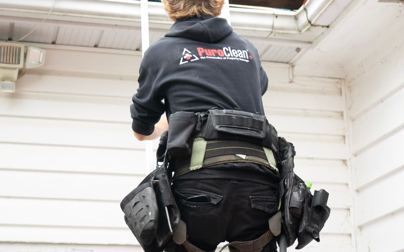 Couvreur équipé montant à l'échelle pour inspecter une toiture près de la cheminée