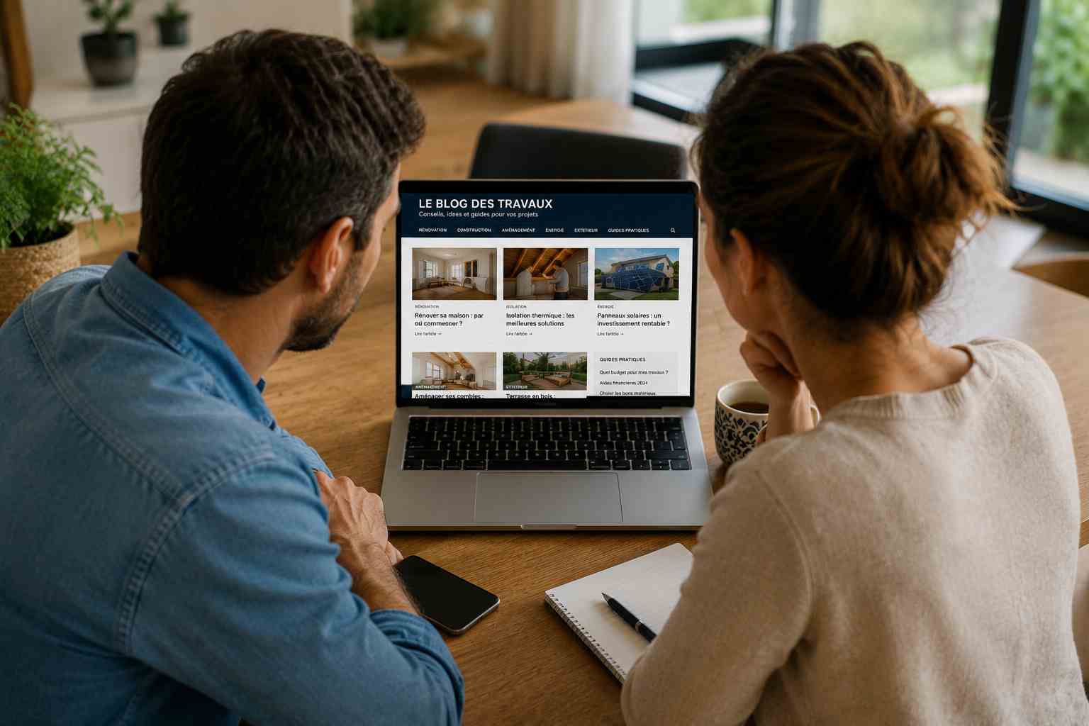 Couple consultant sur leur ordinateur le blog CHS Heaven Energy pour préparer des travaux de rénovation énergétique