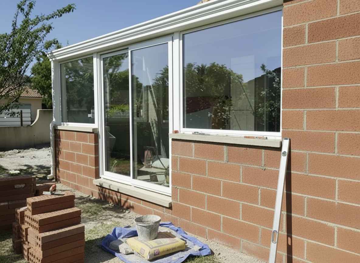 extension maison en brique rouge avec fenêtre triple vitrage