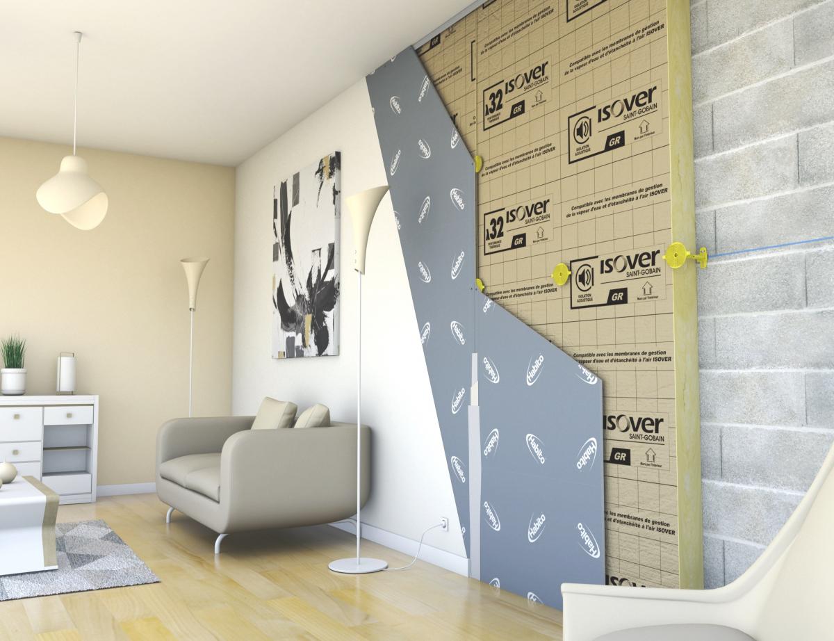 Schéma d'une isolation thermique des murs par l'intérieur avec isolant et plaque de plâtre