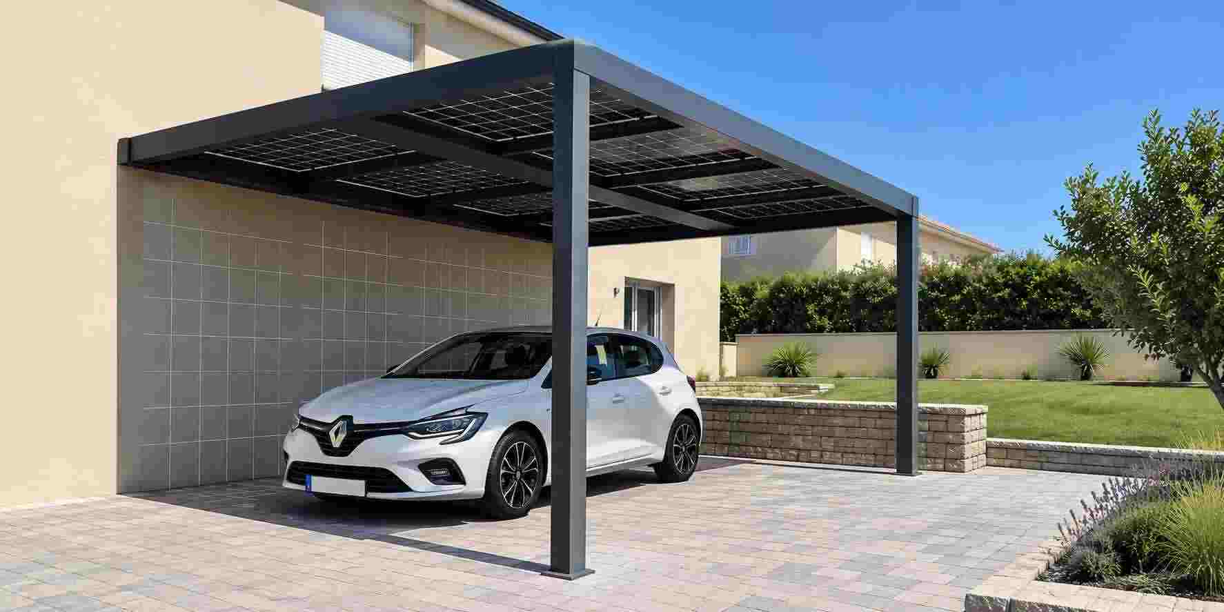 Pergola solaire installée devant une maison